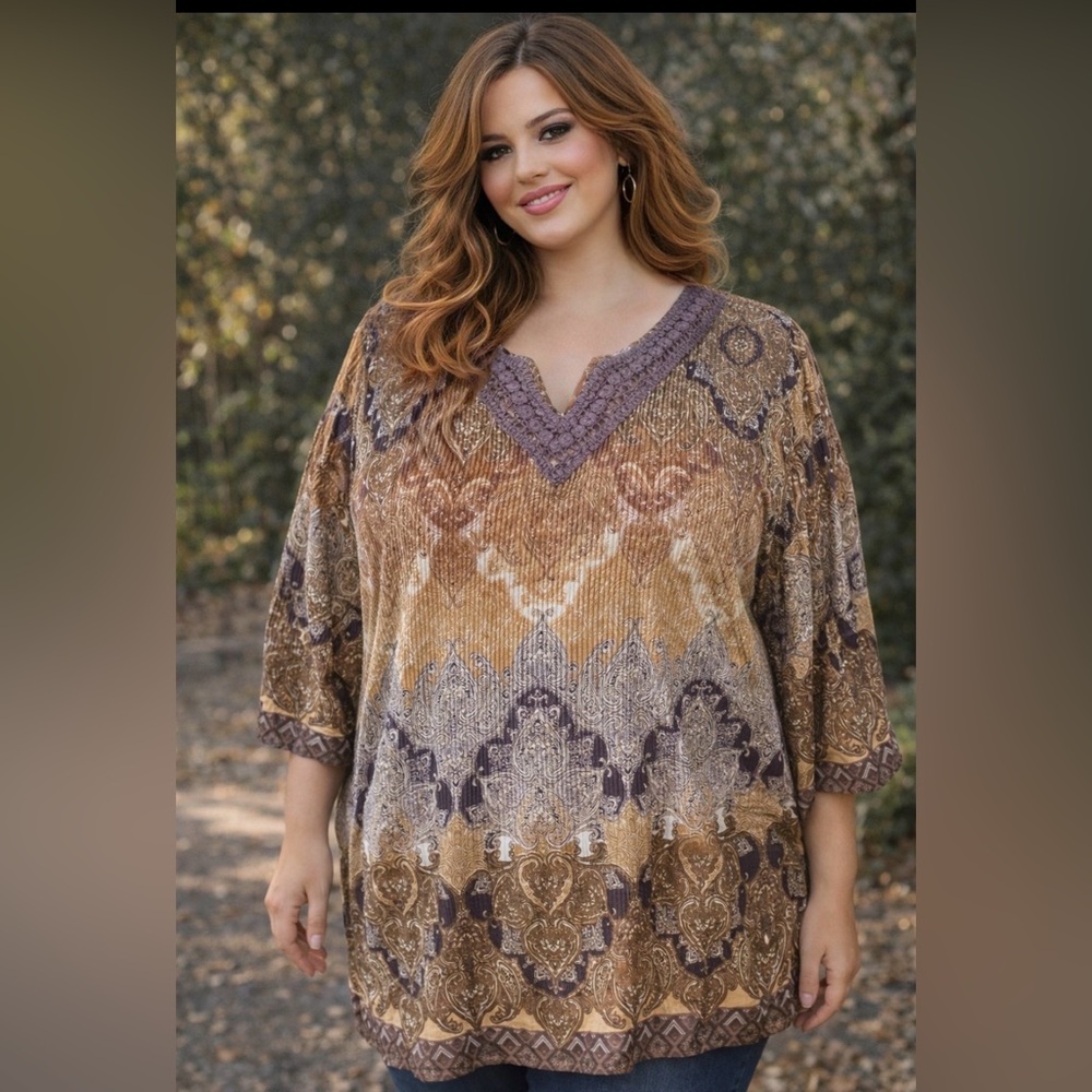 *Catherines - crochet detailing- Brown and Tan, pleated boho tunic top -4X